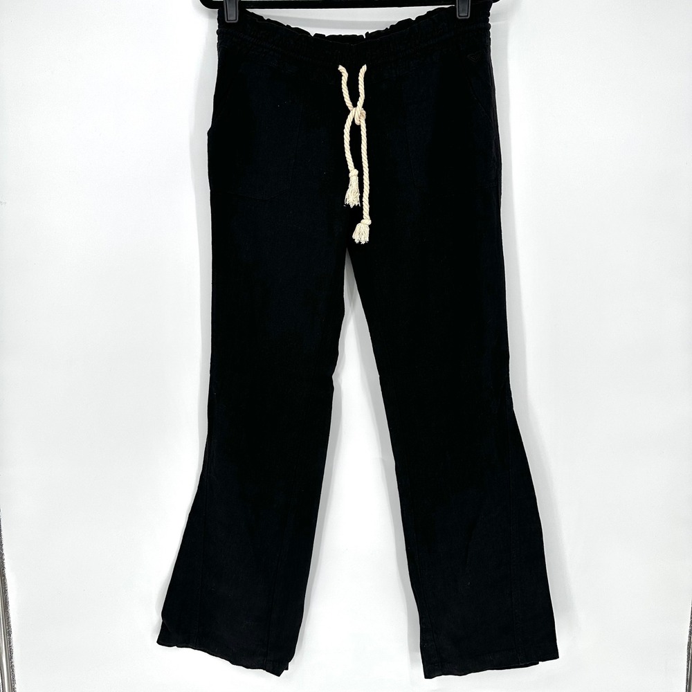 Roxy Black Linen Blend Flare Pants Drawstring Pockets Mid Rise Summer Casual M